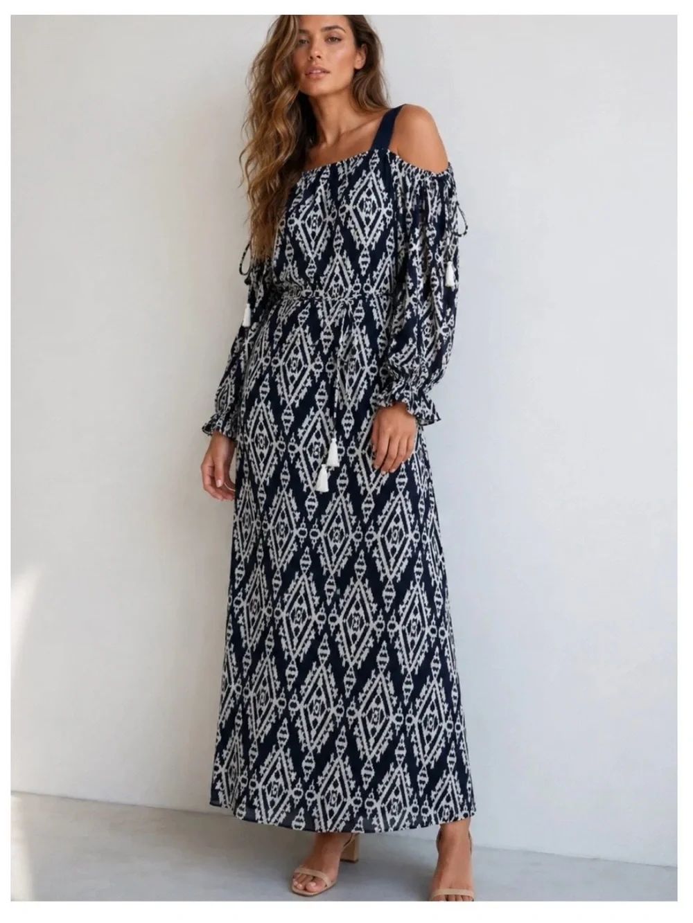 Tory Burch • Katherine {M} Cold-Shoulder Navy Geometric Maxi Silk Trim Tassel
